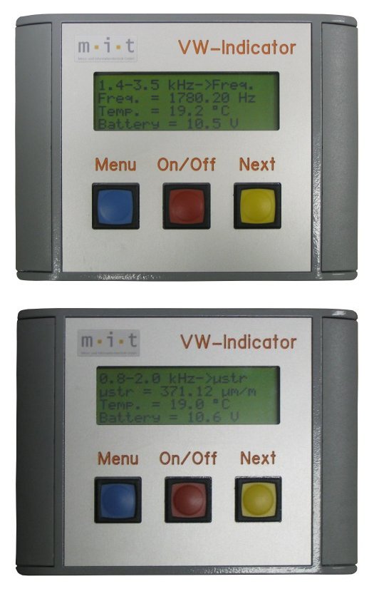 Messung Frequenz (f) oder Microstrain (µstrain) mit dem Anzeigegerät Schwingsaite / VW-Indicator