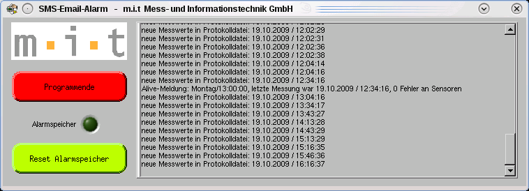 Programmoberfläche der SMS- und Email-Alarmierungssoftware (Alarm)
